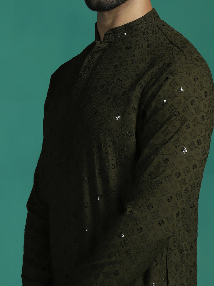 Olive Cotton Silk Kurta Set for Men | SHOBITAM