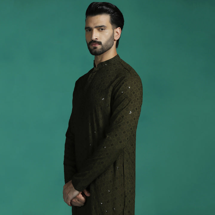 Olive Cotton Silk Kurta Set for Men | SHOBITAM