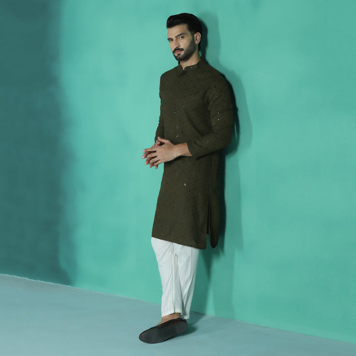 Olive Cotton Silk Kurta Set for Men | SHOBITAM