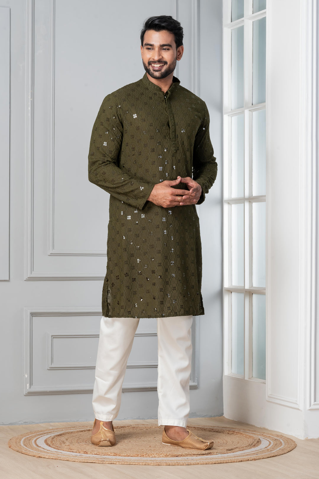 Moss Forest Sequin Kurta For Men | SHOBITAM