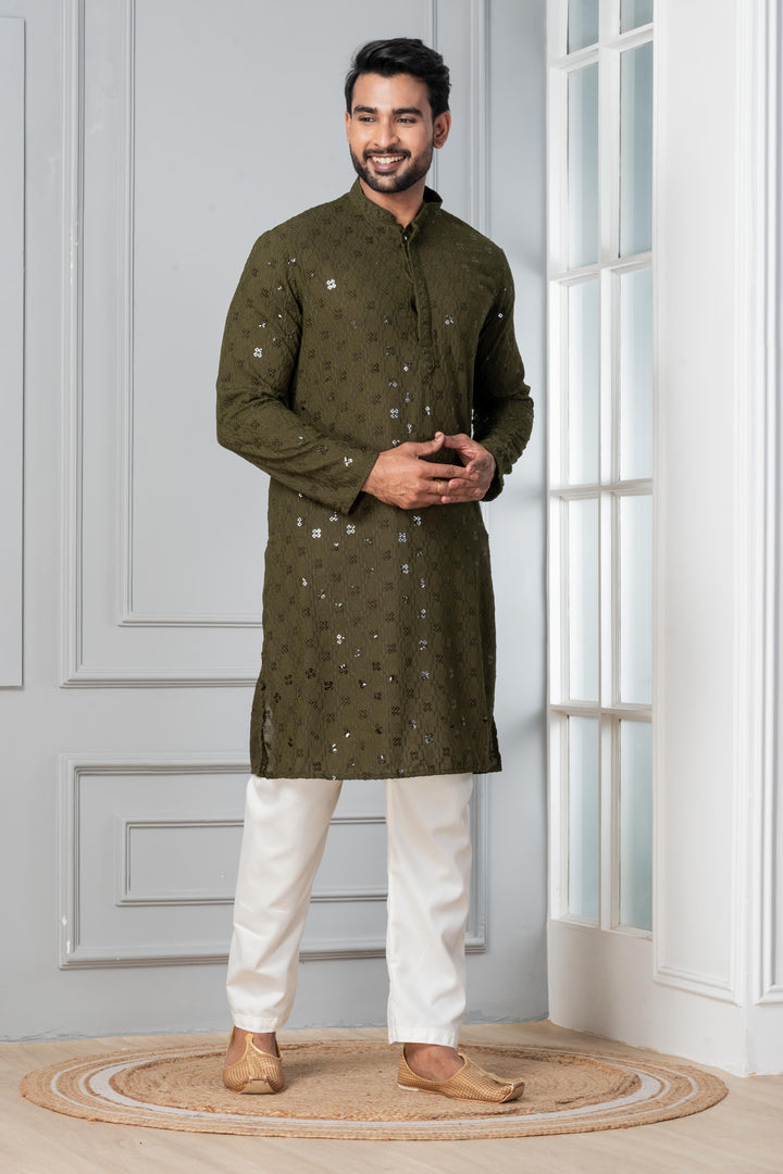 Moss Forest Sequin Kurta For Men | SHOBITAM