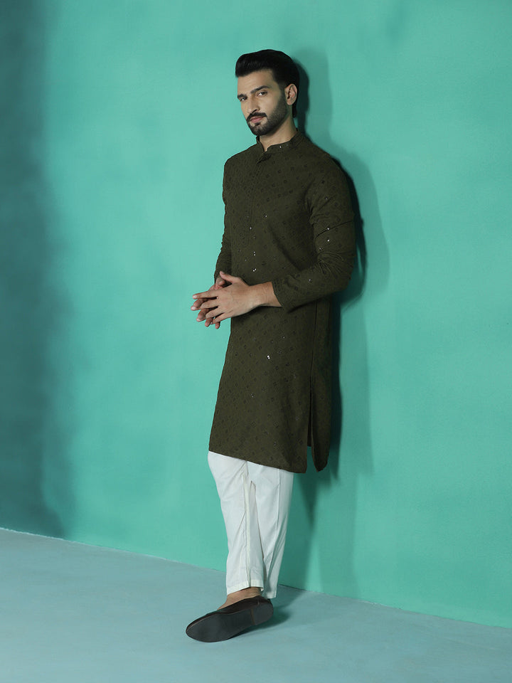 Olive Cotton Silk Kurta Set for Men | SHOBITAM