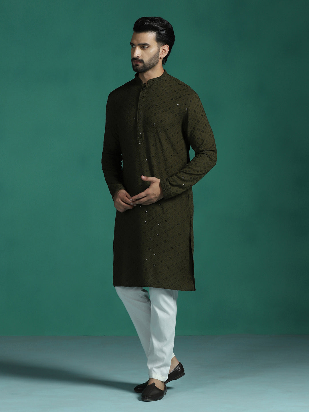 Olive Cotton Silk Kurta Set for Men | SHOBITAM