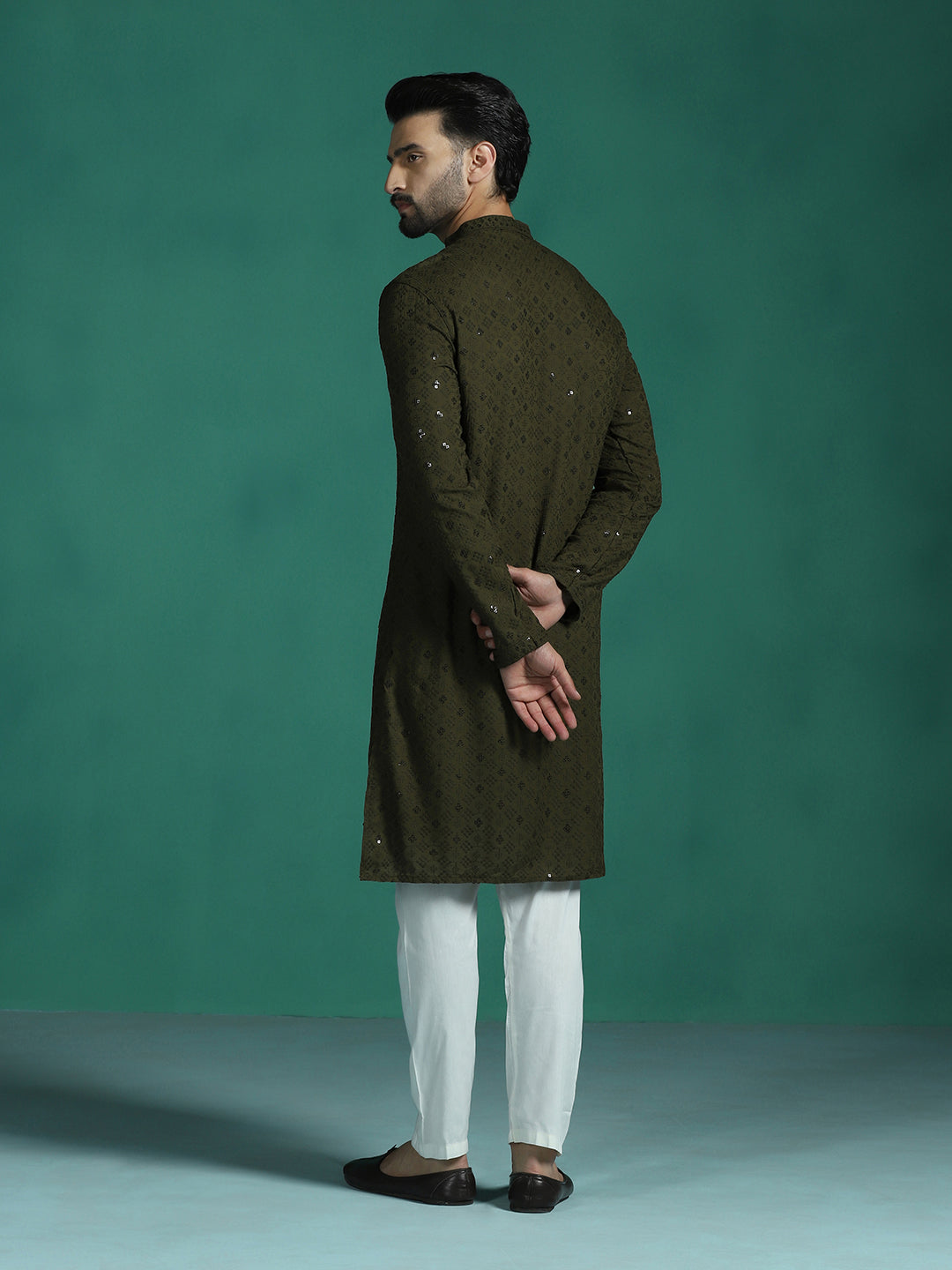 Olive Cotton Silk Kurta Set for Men | SHOBITAM