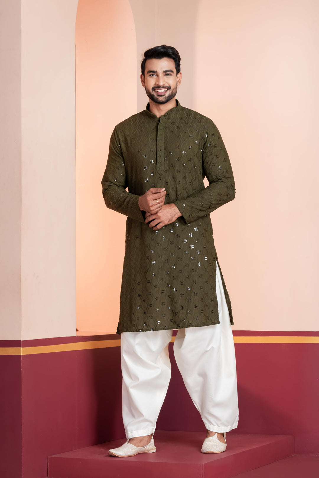 Moss Forest Sequin Kurta For Men | SHOBITAM