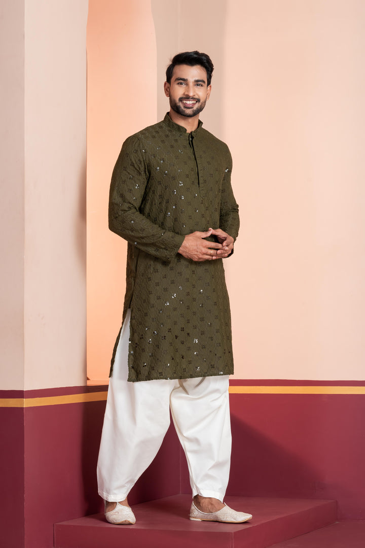 Moss Forest Sequin Kurta For Men | SHOBITAM