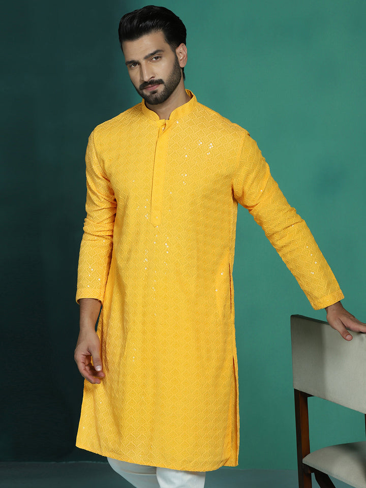 Marigold Cotton Silk Kurta Set for Men | SHOBITAM