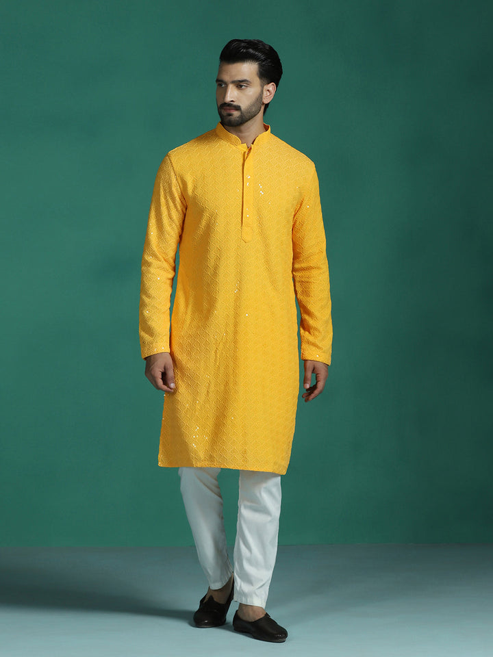 Marigold Cotton Silk Kurta Set for Men | SHOBITAM