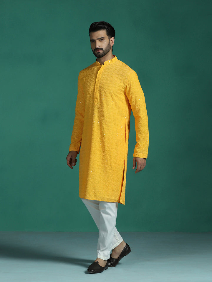 Marigold Cotton Silk Kurta Set for Men | SHOBITAM