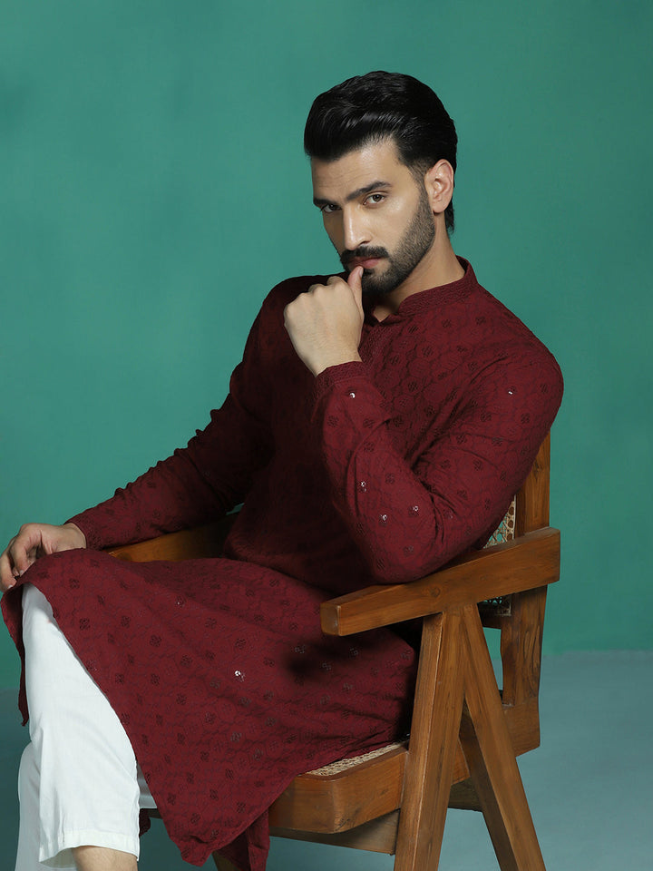 Crimson Cotton Silk Kurta Set for Men | SHOBITAM