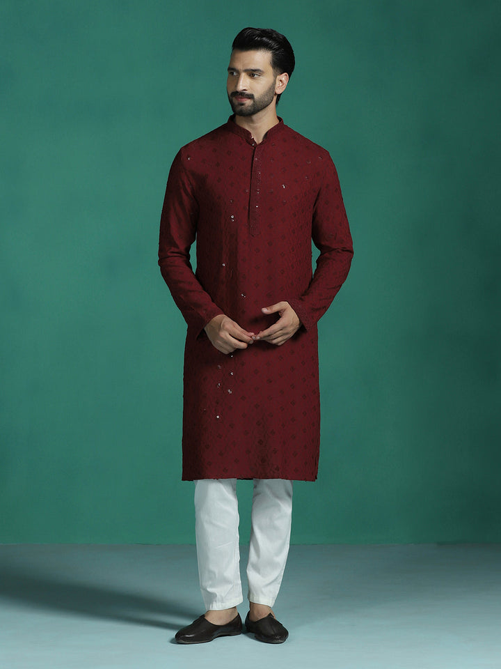 Crimson Cotton Silk Kurta Set for Men | SHOBITAM