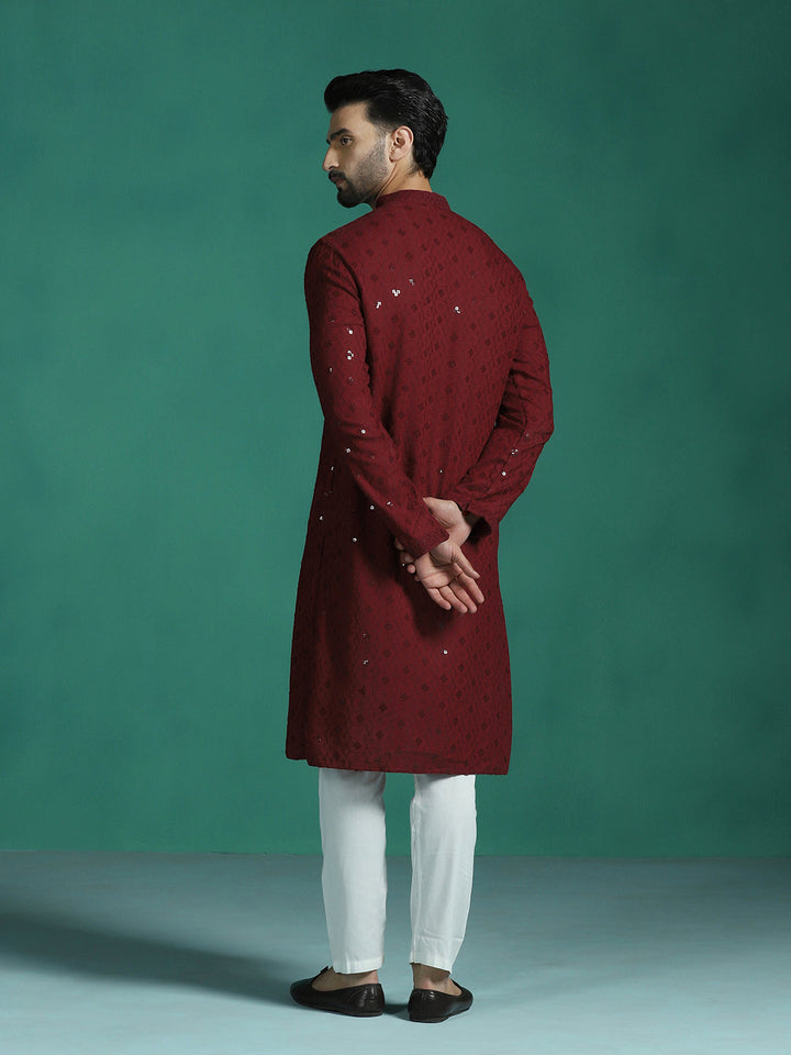Crimson Cotton Silk Kurta Set for Men | SHOBITAM