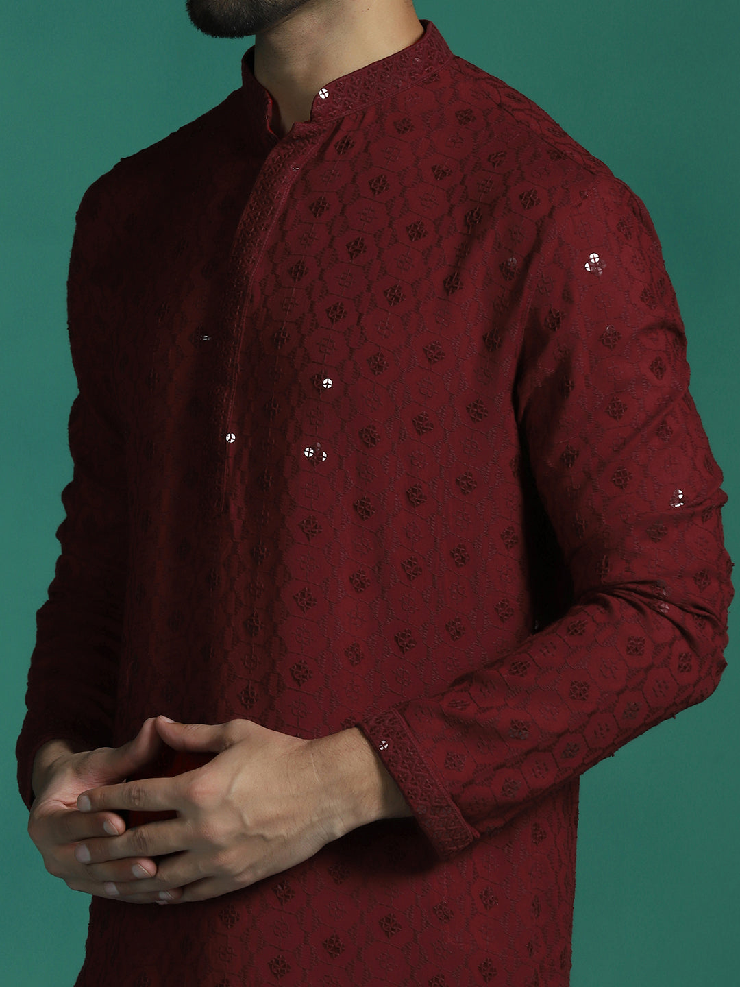 Crimson Cotton Silk Kurta Set for Men | SHOBITAM