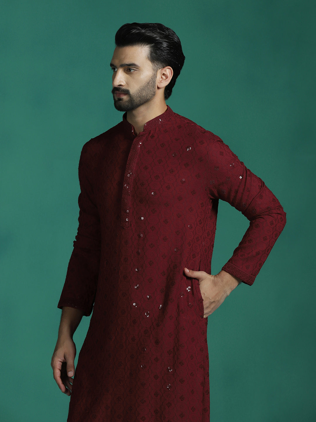 Crimson Cotton Silk Kurta Set for Men | SHOBITAM
