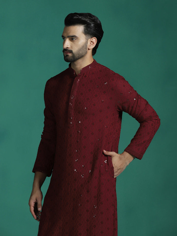 Crimson Cotton Silk Kurta Set for Men | SHOBITAM