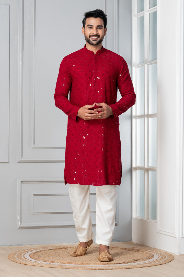 Ruby Ember Embroidered Kurta For Men | SHOBITAM