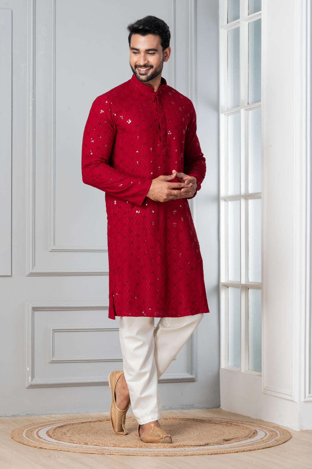 Ruby Ember Embroidered Kurta For Men | SHOBITAM