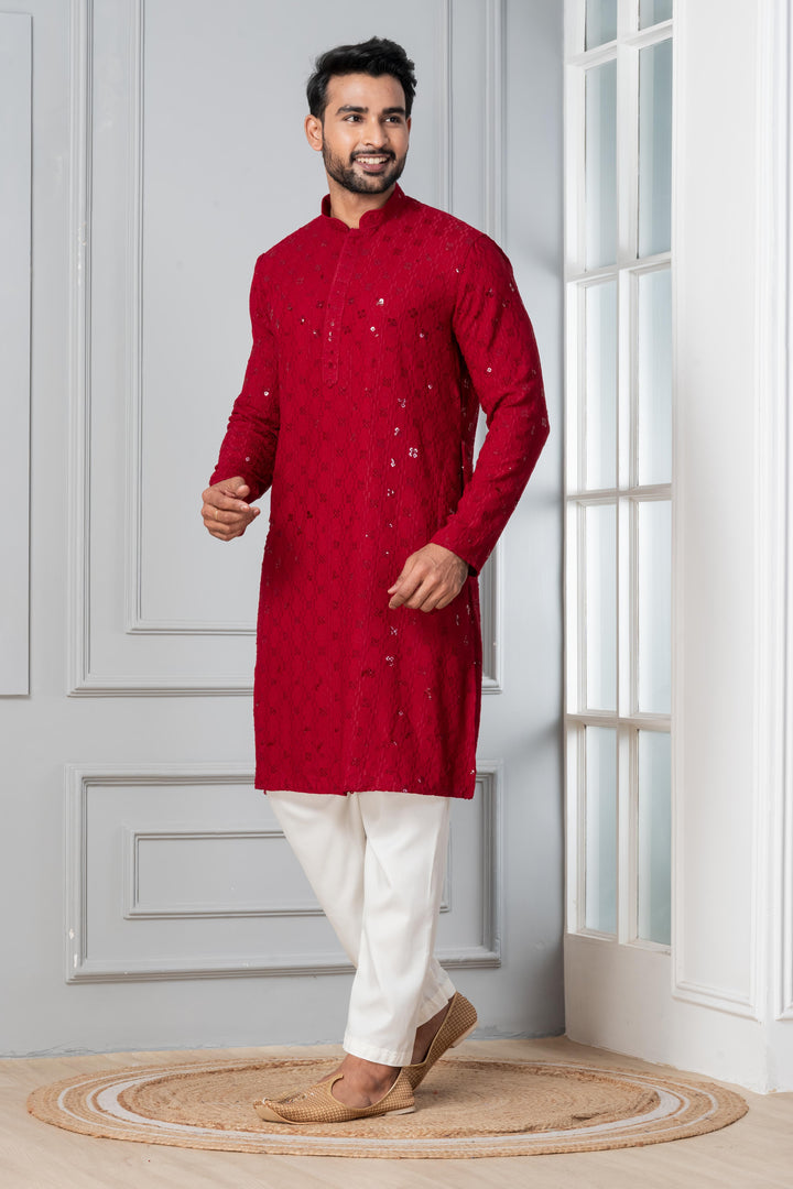 Ruby Ember Embroidered Kurta For Men | SHOBITAM