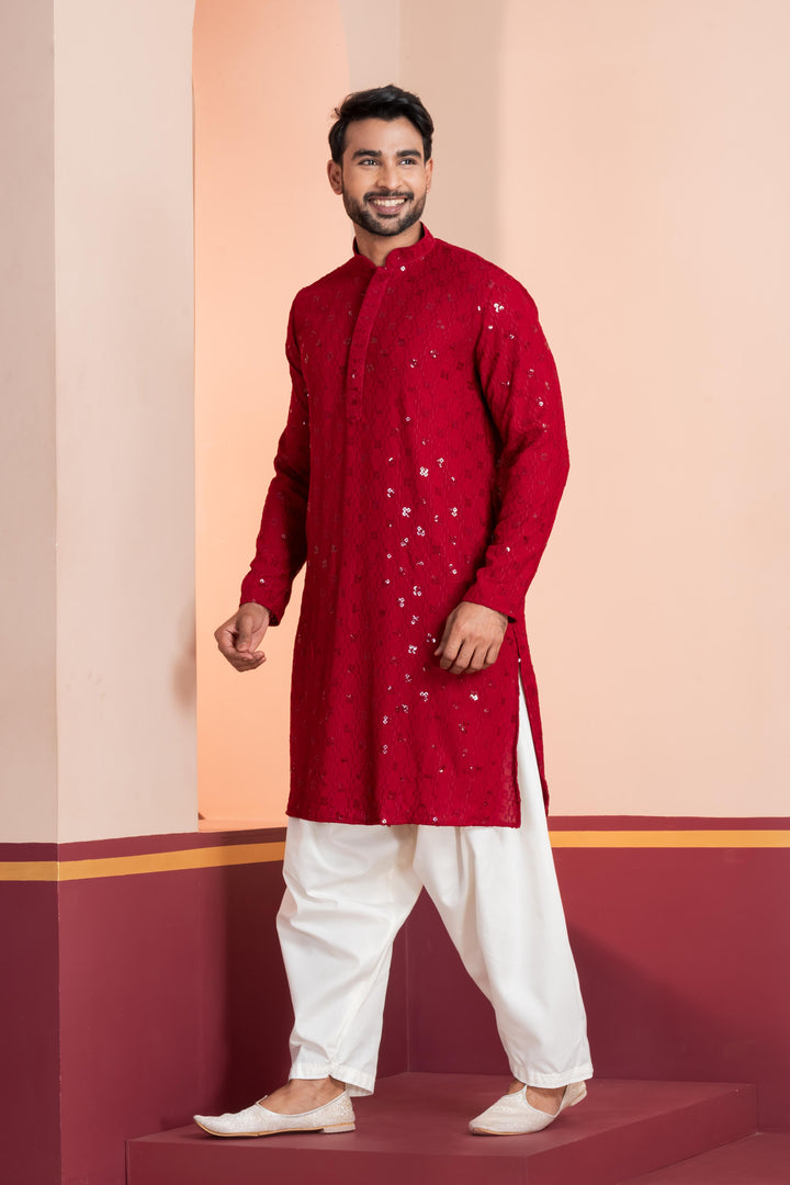 Ruby Ember Embroidered Kurta For Men | SHOBITAM
