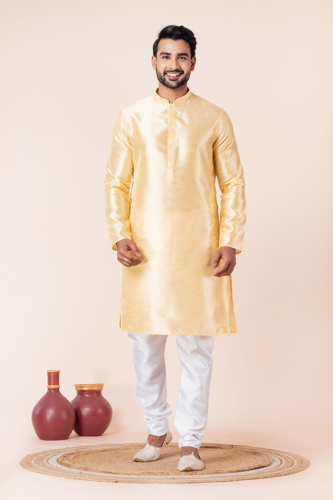 Luminous Gold Silk Kurta For Men | SHOBITAM