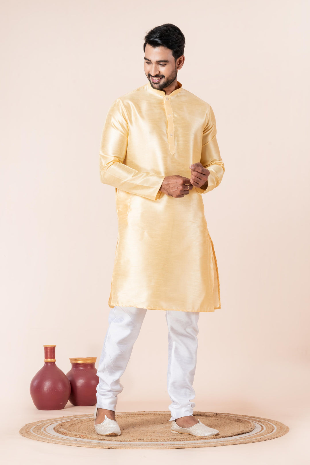 Luminous Gold Silk Kurta For Men | SHOBITAM