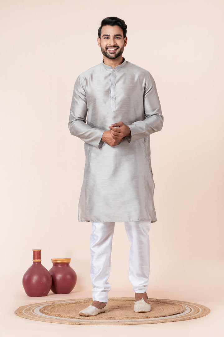 Slate Grey Textured Silk Kurta For Men | SHOBITAM