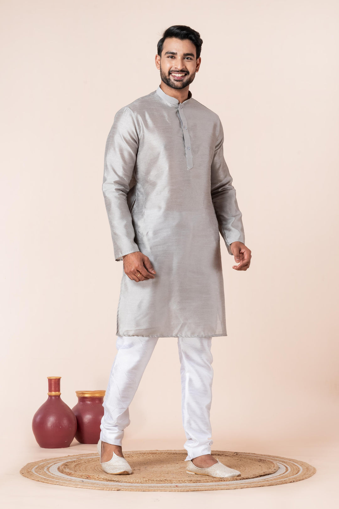 Slate Grey Textured Silk Kurta For Men | SHOBITAM