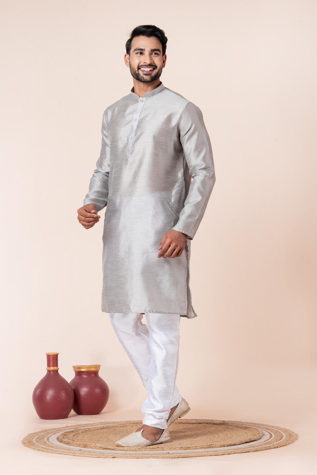 Slate Grey Textured Silk Kurta For Men | SHOBITAM