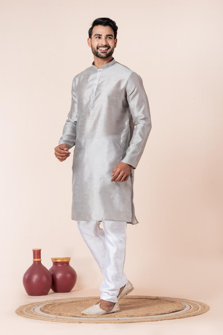 Slate Grey Textured Silk Kurta For Men | SHOBITAM