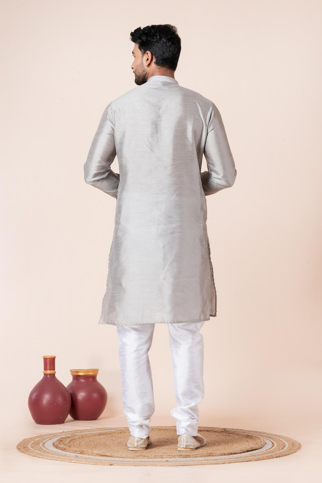 Slate Grey Textured Silk Kurta For Men | SHOBITAM