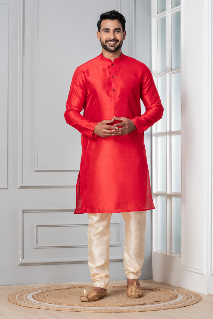 Vermilion Classic Silk Kurta Set for Men | SHOBITAM