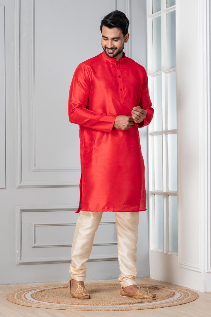 Vermilion Classic Silk Kurta Set for Men | SHOBITAM