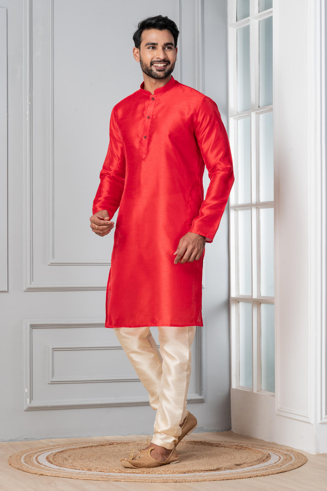 Vermilion Classic Silk Kurta Set for Men | SHOBITAM
