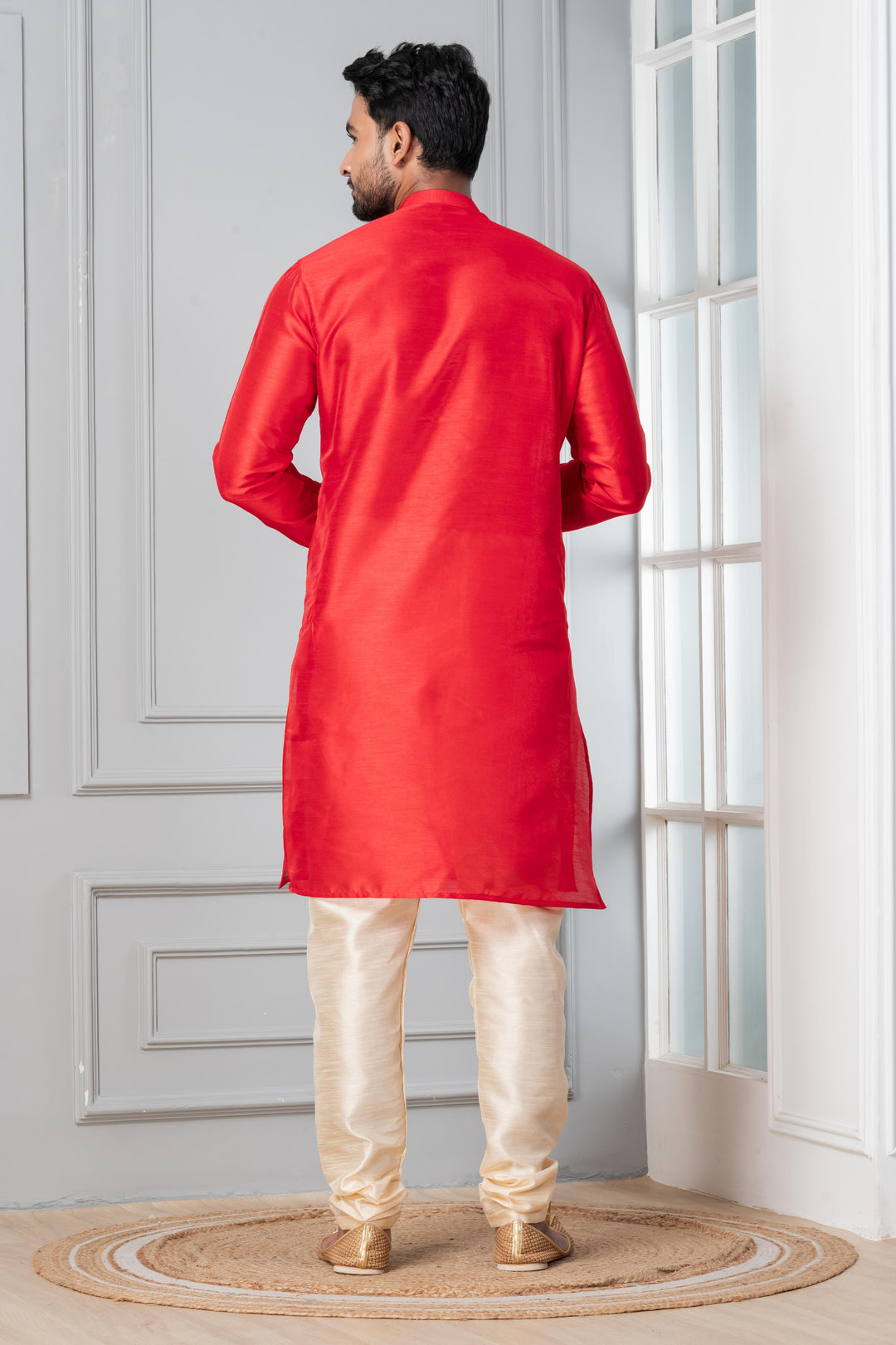 Vermilion Classic Silk Kurta Set for Men | SHOBITAM