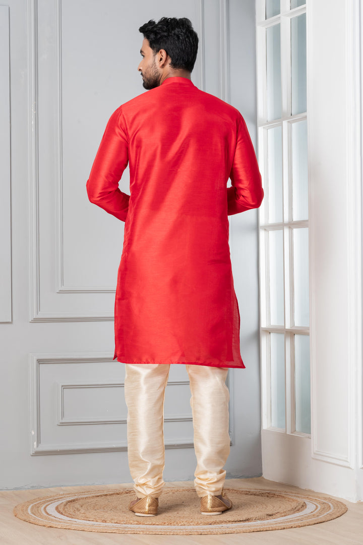 Vermilion Classic Silk Kurta Set for Men | SHOBITAM