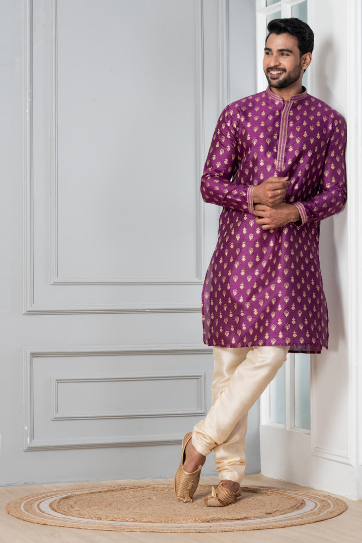 Wisteria Motif Silk Kurta Set for Men | SHOBITAM