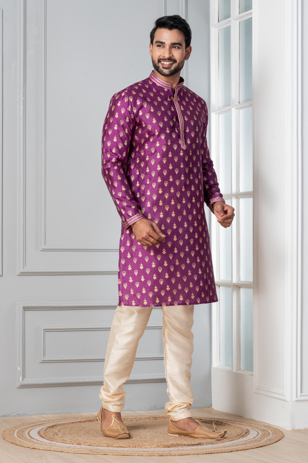Wisteria Motif Silk Kurta Set for Men | SHOBITAM