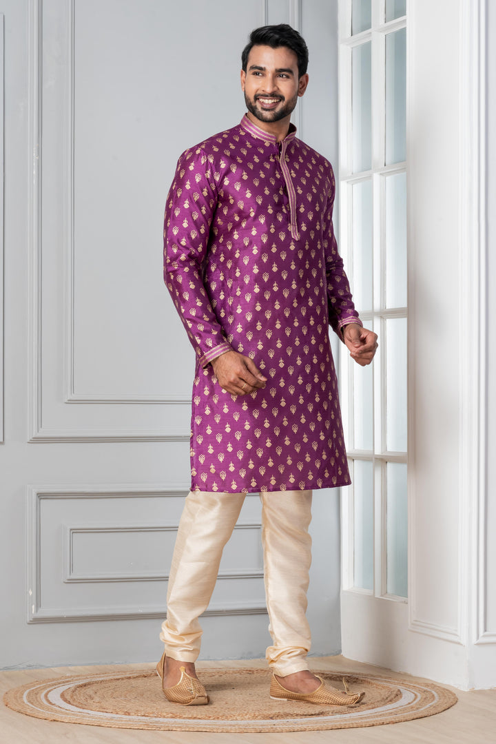 Wisteria Motif Silk Kurta Set for Men | SHOBITAM