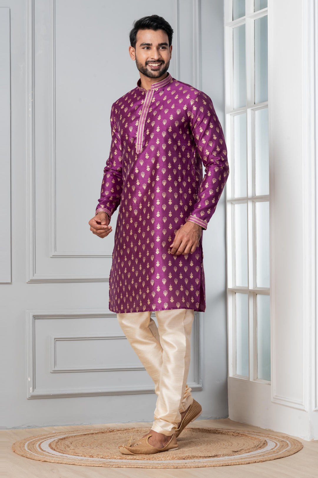 Wisteria Motif Silk Kurta Set for Men | SHOBITAM