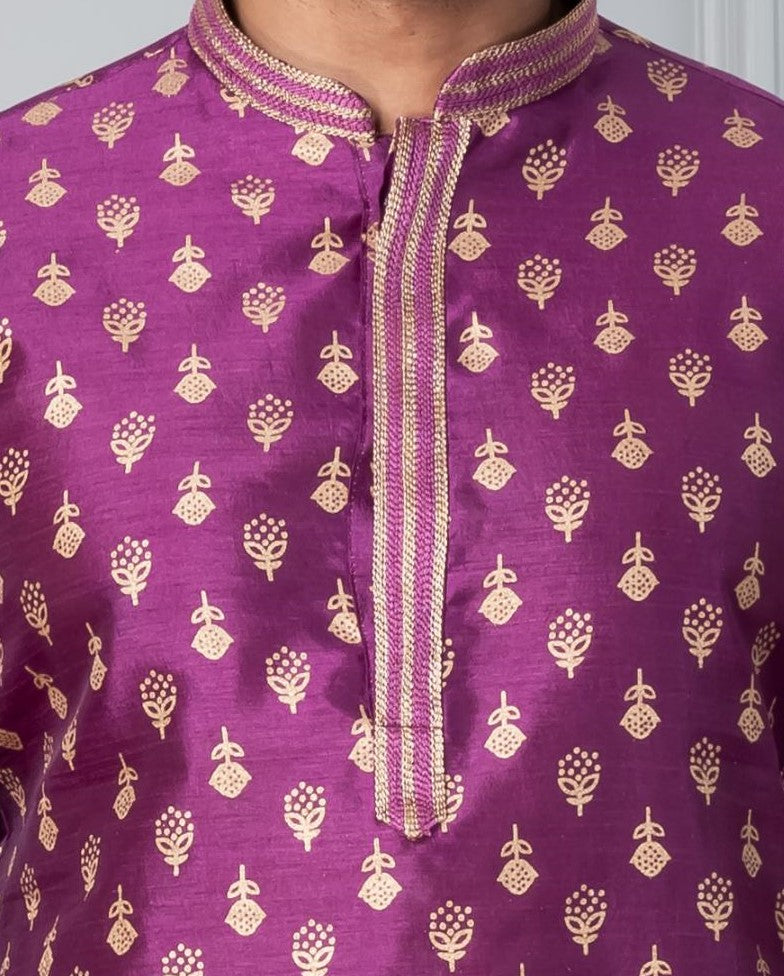 Wisteria Motif Silk Kurta Set for Men | SHOBITAM