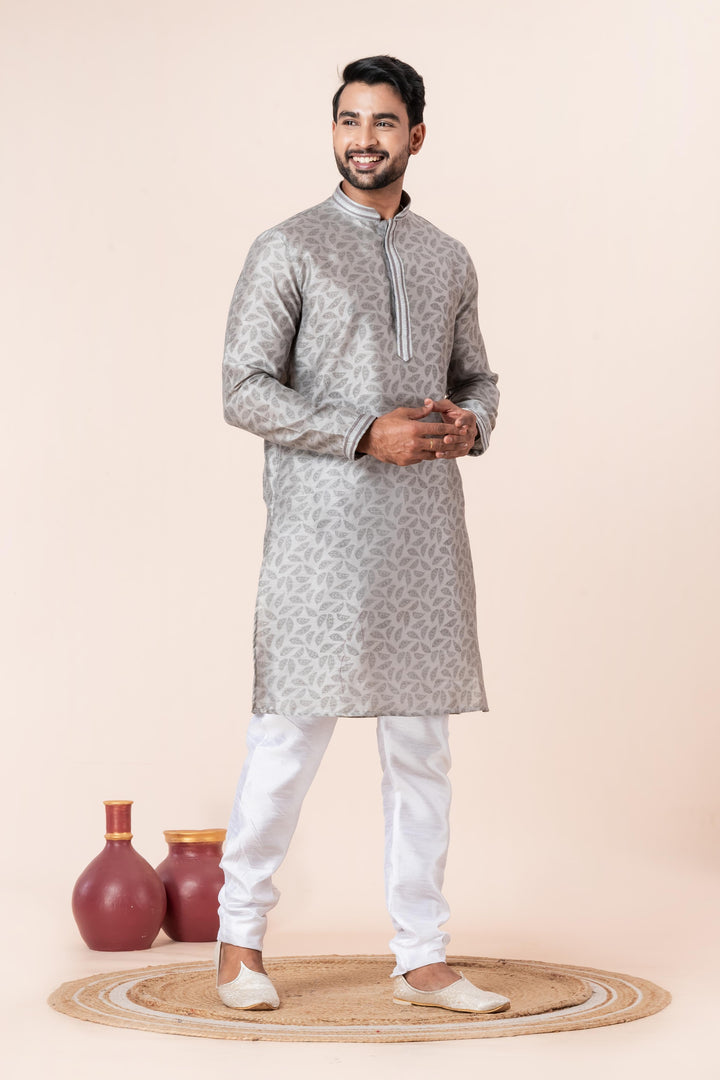 Silk Swadesh Kurta Set in Grey | SHOBITAM