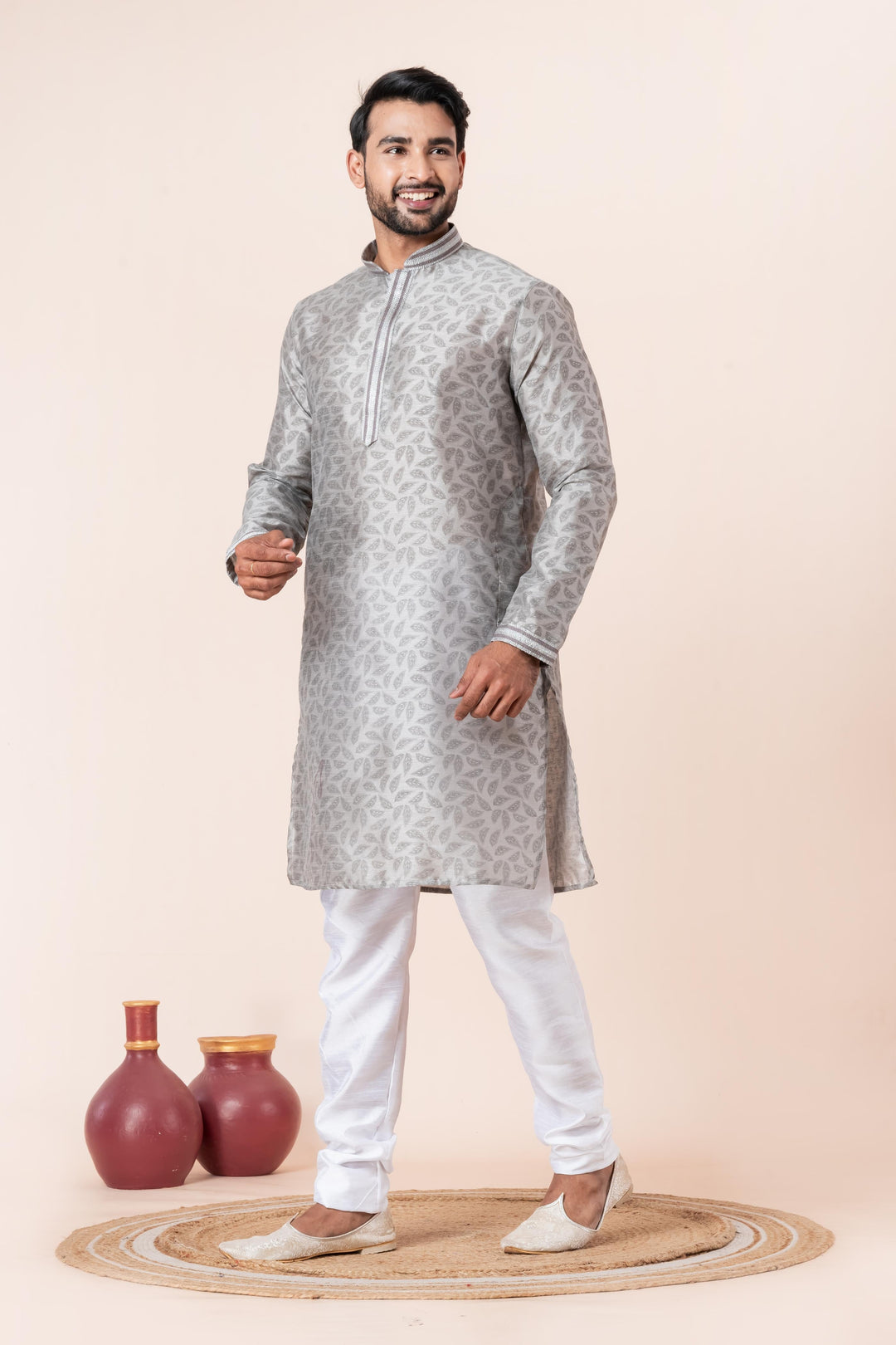 Silk Swadesh Kurta Set in Grey | SHOBITAM