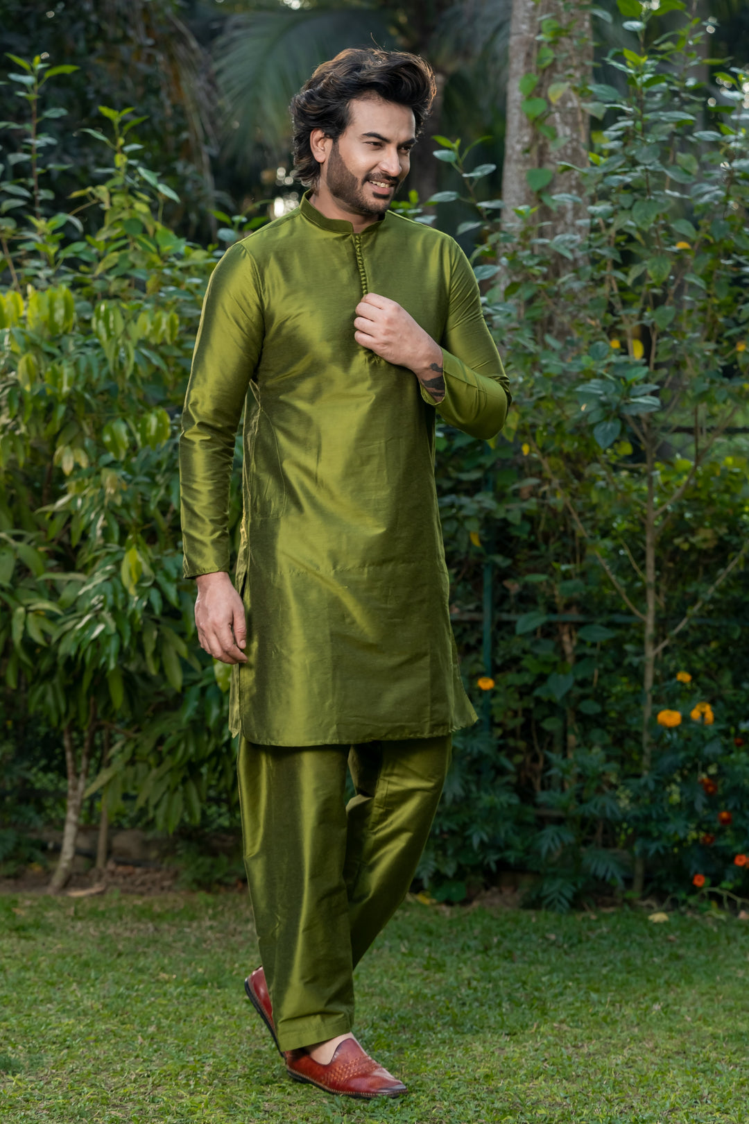 Olive Twist Kurta Pajama Set for Men | SHOBITAM