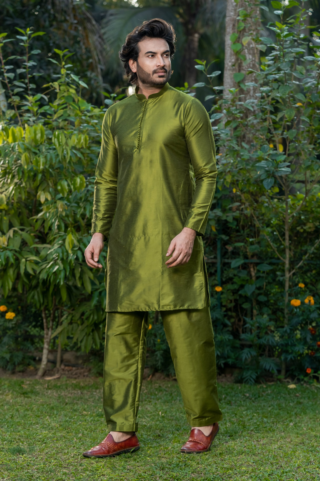 Olive Twist Kurta Pajama Set for Men | SHOBITAM