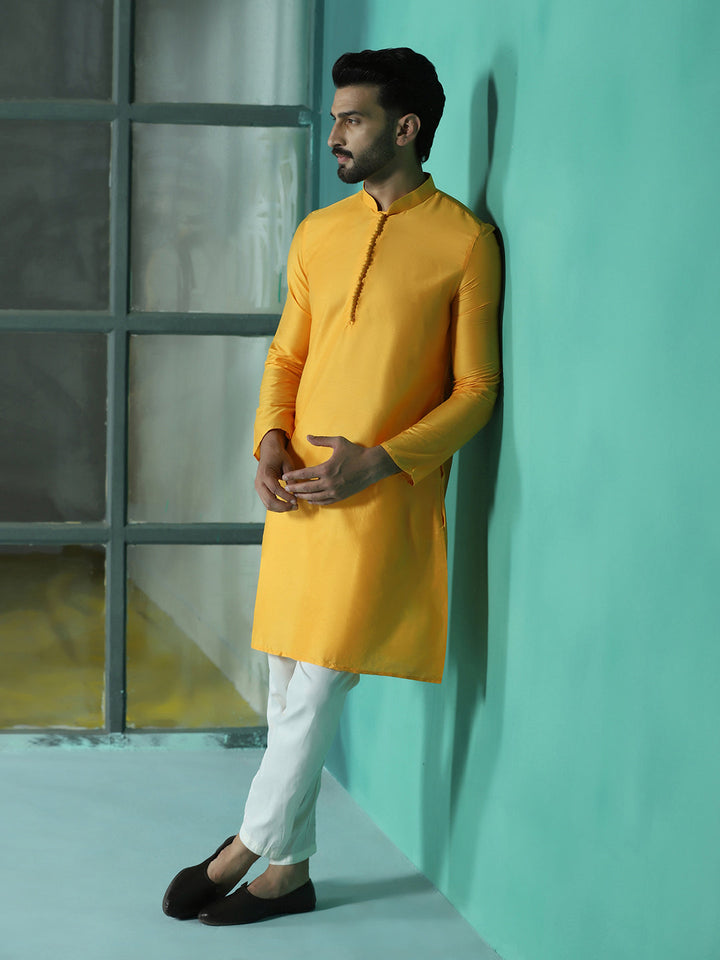 Yellow Viscose Kurta Set for Men | SHOBITAM