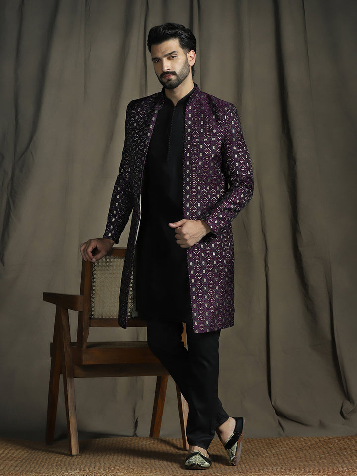 Purple Jacquard Reception Sherwani Set for Men | SHOBITAM