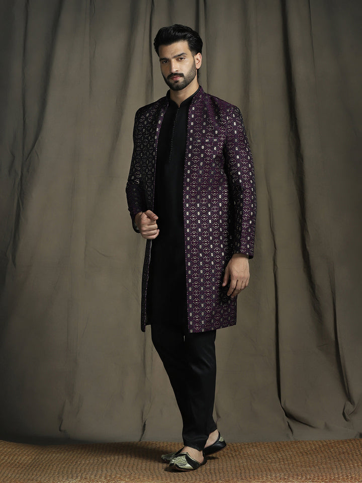 Purple Jacquard Reception Sherwani Set for Men | SHOBITAM
