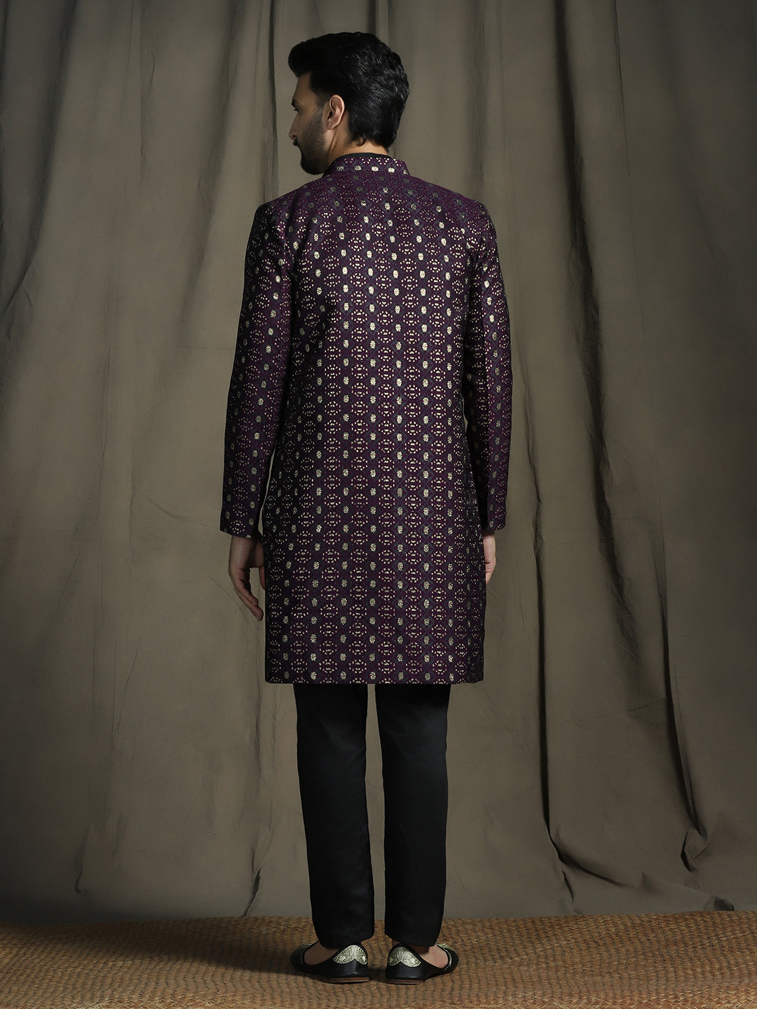 Purple Jacquard Reception Sherwani Set for Men | SHOBITAM