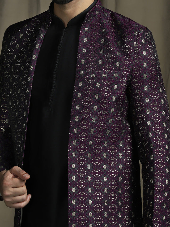 Purple Jacquard Reception Sherwani Set for Men | SHOBITAM
