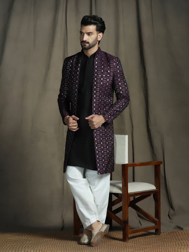 Purple Jacquard Reception Sherwani Set for Men | SHOBITAM